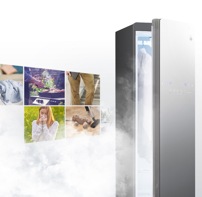 Різні алергічні реакції та збудники відображаються як панорама із кількох зображень , а поряд стоїть продукт LG Styler® із напіввідкритими дверима, що свідчить про те, що завдяки обробці парою LG Styler® може їх знищити.