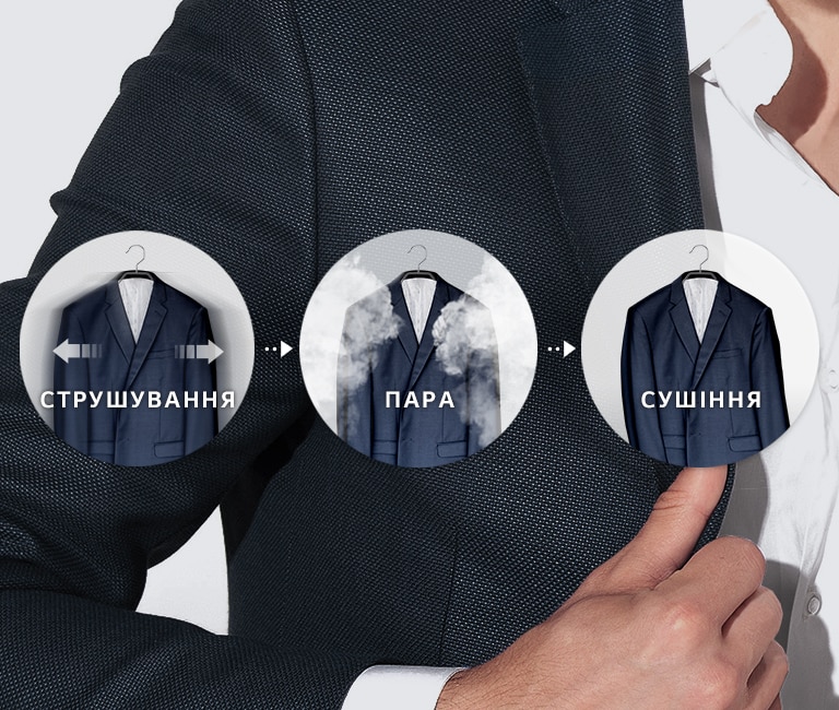 Показано, що стан одягу покращується в процесі роботи LG Styler®, який подає сильнe парe і вібрує вгору, вниз, вліво і вправо.