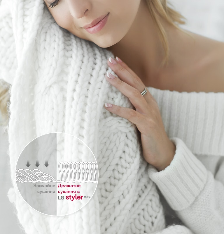 Зображено жінку в товстому трикотажному светрі, яка доторкається до іншого трикотажного светру, відчуваючи його м’якість.