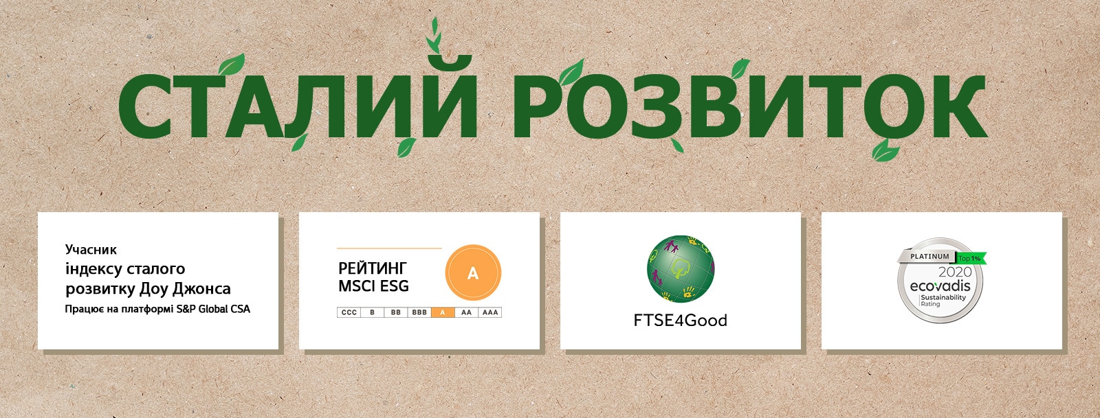 Логотип індексу сталого розвитку Доу Джонса. Логотип FTSE4Good. Логотип рейтингу сталого розвитку Ecovadis. Логотип рейтингу MSCI ESG.