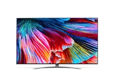 QNED99 із зображенням крупним планом яскравих кольорових пелюсток та екранним логотипом 8К.