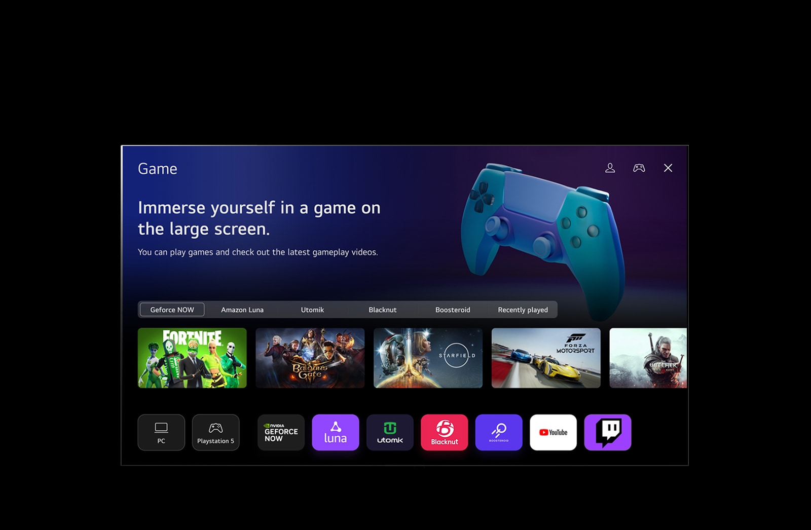 An LG TV screen shows the My Profile display. In the top third, a banner for Tangible Wonders. Below the banner, the following buttons are displayed: Home Hub, Sports, Game, Accessibility, Home Office. Below the buttons, the following logos are displayed: LG Channels, Netflix, Prime Video, Disney+, Apple TV, YouTube, Spotify, Twitch, GeForce Now, and Udemy. Below the logos, 5 movie thumbnails are displayed under the text "Top picks for you". A cursor clicks on the initial 'S' in the top left corner. An LG Account drop-down menu opens and five names are displayed. The cursor clicks the second name as thumbnails and recommended contents on screen change.