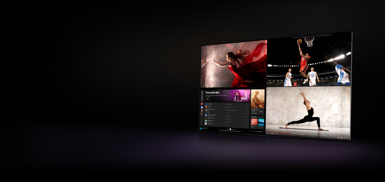 An LG TV displays a movie, and the screen is divided so one half shows a movie and one side shows Spotify. The cursor clicks a button to bring up the Multi-View settings panel and clicks the Live TV button, and the Spotify window changes to a screen showing the sports scene. A third window showing a yoga video on YouTube slides in from below. Then, a fourth window showing Spotify slides in from below so the screen shows different content in all four quarters. 