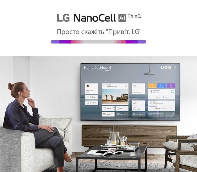 Жінки сидять на дивані у вітальні з домашньою панеллю на екрані телевізора