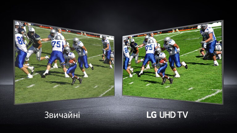 Зображення гравців на футбольному полі на двох екранах. Перший — екран звичайного телевізора, а другий — екран телевізора UHD.