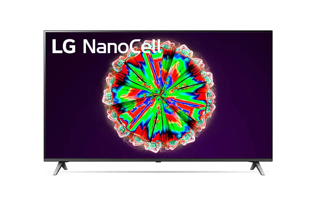 LG Телевізор LG NanoCell 55SM8050PLC з 4K Active HDR та штучним інтелектом ThinQ, вид спереду із заливним зображенням та логотипом, 55SM8050PLC