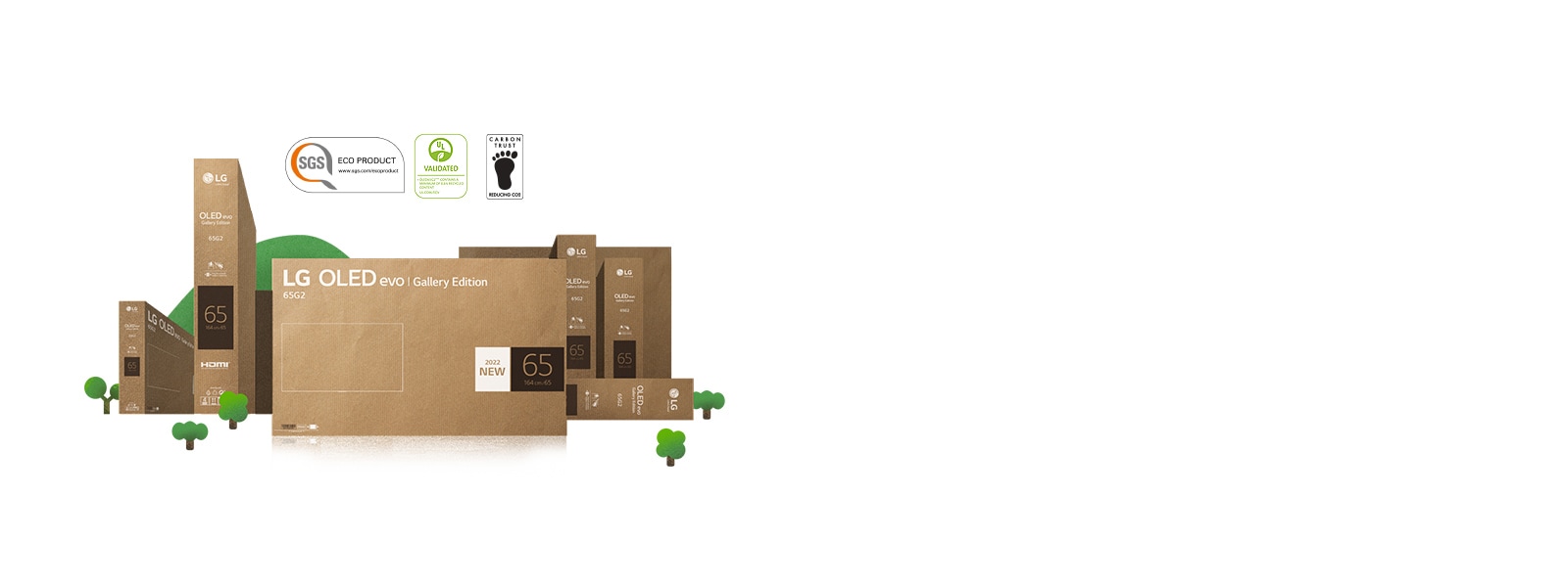 Екологічне картонне пакування OLED-телевізора LG, зображене навколо квітучих дерев і гір
