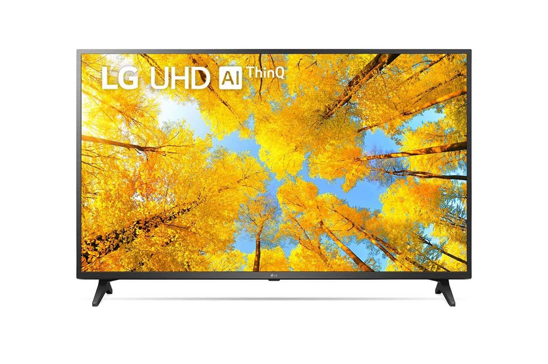 LG Телевізор LG UQ75 | 55 дюймів | 4K | 2022, Вид телевізора LG UHD спереду з показаним зображенням і логотипом продукту, 55UQ75006LF