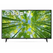 LG Телевізор LG UQ80 | 43 дюйми | 4K | 2022, Вид телевізора LG UHD спереду з показаним зображенням і логотипом продукту, 43UQ80006LB, thumbnail 1