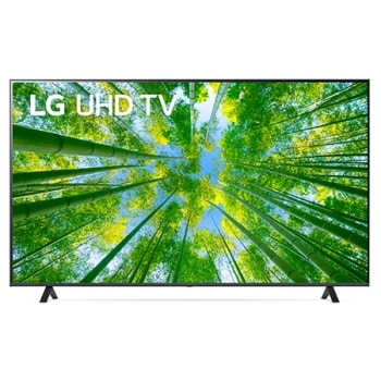 Вид телевізора LG UHD спереду з показаним зображенням і логотипом продукту1