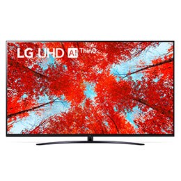 Вид телевізора LG UHD спереду з показаним зображенням і логотипом продукту2