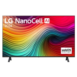 Вигляд спереду телевізора LG NanoCell TV, NANO80 із текстом LG NanoCell, 2024 та логотипом Re:New Program webOS на екрані2