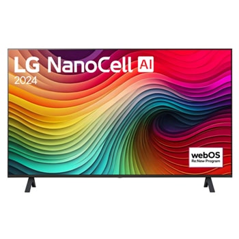 Вигляд спереду телевізора LG NanoCell TV, NANO80 із текстом LG NanoCell, 2024 та логотипом Re:New Program webOS на екрані1
