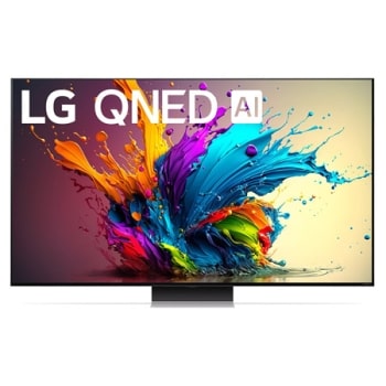 Вигляд спереду телевізора LG QNED TV, QNED91 із текстом LG QNED MiniLED, 2024 та логотипом Re:New Program webOS на екрані1