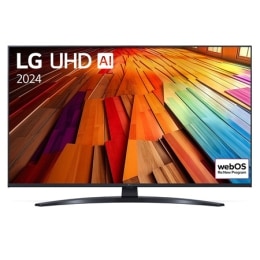 Вигляд спереду телевізора LG UHD TV, UT81 із текстом LG UHD AI ThinQ, 2024 та логотипом Re:New Program webOS на екрані2