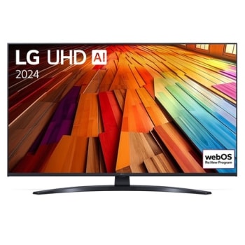 Вигляд спереду телевізора LG UHD TV, UT81 із текстом LG UHD AI ThinQ, 2024 та логотипом Re:New Program webOS на екрані1