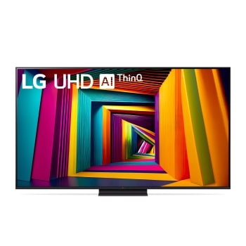 Вигляд спереду телевізора LG UHD TV, UT91 із текстом LG UHD AI ThinQ, 2024 та логотипом Re:New Program webOS на екрані1