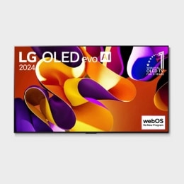 Front view with LG OLED evo TV, OLED G4, 11 Years of world number 1 OLED Emblem, webOS Re:New Program logo, and 5-Year Panel Warranty logo on screen2