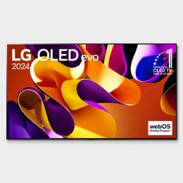Front view with LG OLED evo TV, OLED G4, 11 Years of world number 1 OLED Emblem, webOS Re:New Program logo, and 5-Year Panel Warranty logo on screen2