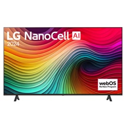 Вигляд спереду телевізора LG NanoCell TV, NANO80 із текстом LG NanoCell, 2024 та логотипом Re:New Program webOS на екрані2