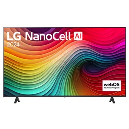 Вигляд спереду телевізора LG NanoCell TV, NANO80 із текстом LG NanoCell, 2024 та логотипом Re:New Program webOS на екрані2