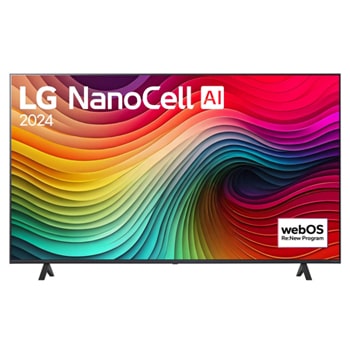 Вигляд спереду телевізора LG NanoCell TV, NANO80 із текстом LG NanoCell, 2024 та логотипом Re:New Program webOS на екрані1