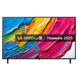 Вигляд телевізора LG QNED80 спереду, логотип LG QNED Al у верхньому кутку. Телевізор LG QNED зображує барвисті текстури, що поєднуються.2