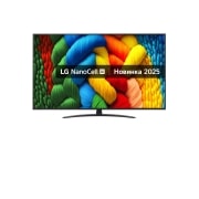 LG Телевізор LG NanoCell AI NANO81 | 86 дюймів | 4K Smart TV | 2025, Вид спереду на NanoCell TV, логотип LG NanoCell Al у верхньому куті. LG NanoCell NANO80 TV демонструє різнокольорові текстури, схожі на фарби, що зливаються воєдино., 86NANO81A6A, thumbnail 1