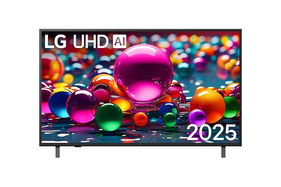 LG Телевізор LG UHD AI UA75 | 50 дюймів | 4K Smart TV | 2025, Вигляд телевізора UHD UA75 спереду, логотип LG UHD Al у верхньому куті. Телевізор LG UHD зображує барвисті текстури, що зливаються разом., 50UA75006LA