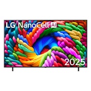 LG Телевізор LG NanoCell AI NANO90 | 75 дюймів | 4K Smart TV | 2025, Вид спереду на NanoCell NANO90 TV, логотип LG NanoCell Al у верхньому куті. LG NanoCell TV демонструє різнокольорові текстури, схожі на фарби, що зливаються воєдино., 75NANO90A6B, thumbnail 1