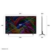 LG Телевізор LG NanoCell AI NANO90 | 75 дюймів | 4K Smart TV | 2025, Вид спереду та збоку на телевізор LG NanoCell NANO90 AI 4K Smart TV із зазначенням розмірів довжини, ширини, висоти та глибини., 75NANO90A6B, thumbnail 5