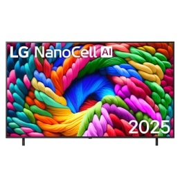 Вид спереду на NanoCell NANO90 TV, логотип LG NanoCell Al у верхньому куті. LG NanoCell TV демонструє різнокольорові текстури, схожі на фарби, що зливаються воєдино.2