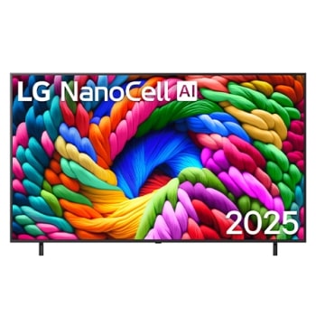Вид спереду на NanoCell NANO90 TV, логотип LG NanoCell Al у верхньому куті. LG NanoCell TV демонструє різнокольорові текстури, схожі на фарби, що зливаються воєдино.1