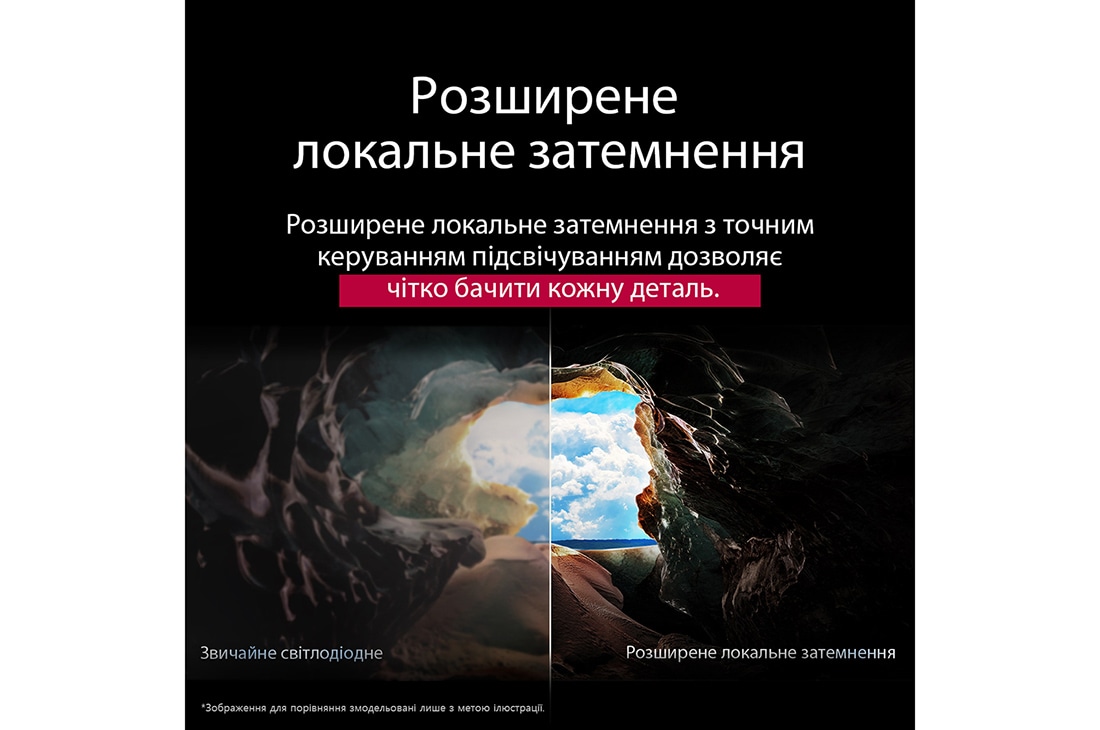 LG Телевізор LG NanoCell AI NANO90 | 65 дюймів | 4K Smart TV | 2025, Перспектива зсередини печери з видом на її вхід, звідки видно блакитне небо й горизонт. Усю сцену розділено навпіл, щоб продемонструвати можливості технології Advanced Local Dimming QNED. З одного бок, 65NANO90A6B, thumbnail 9