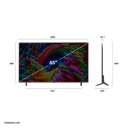 LG Телевізор LG NanoCell AI NANO90 | 65 дюймів | 4K Smart TV | 2025, Вид спереду та збоку на телевізор LG NanoCell NANO90 AI 4K Smart TV із зазначенням розмірів довжини, ширини, висоти та глибини., 65NANO90A6B, thumbnail 5