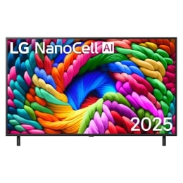 Вид спереду на NanoCell NANO90 TV, логотип LG NanoCell Al у верхньому куті. LG NanoCell TV демонструє різнокольорові текстури, схожі на фарби, що зливаються воєдино.2