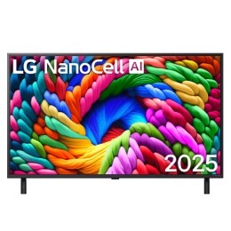 Вид спереду на NanoCell NANO90 TV, логотип LG NanoCell Al у верхньому куті. LG NanoCell TV демонструє різнокольорові текстури, схожі на фарби, що зливаються воєдино.2