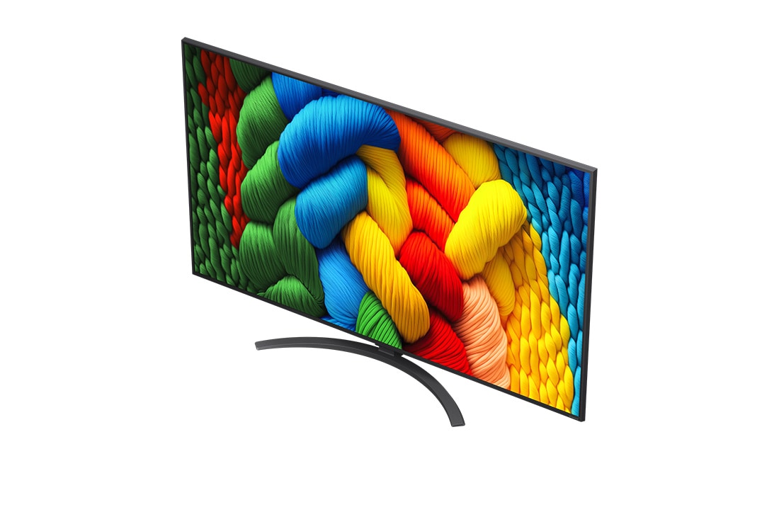 LG Телевізор LG NanoCell AI NANO81 | 65 дюймів | 4K Smart TV | 2025, Alpha 7 AI Processor Gen8 світиться жовтим кольором, а з нього вилітають різнокольорові промені світла. У назві йдеться про те, що процесор забезпечує якість 4K, приголомшливі кольори та яскравість., 65NANO81A6A, thumbnail 6