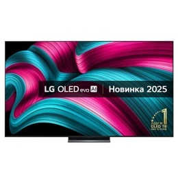Вигляд спереду LG OLED evo AI C5 4K Smart TV. На екрані відображаються емблема «12&nbsp;років номер&nbsp;1 у світі OLED» і логотип «LG OLED evo AI 2025».