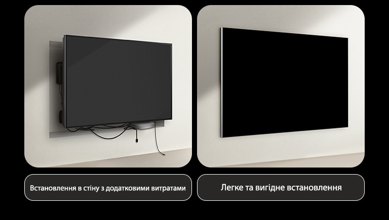 Порівняння дротового телевізора та телевізора LG True Wireless TV щодо встановлення. Щодо дротового телевізора, то, здавалося, знадобилася додаткова конструкція, щоб спробувати приховати всі інші пристрої за телевізором. Незручне встановлення та дроти все ще видно крізь щілини. Етикетки читаються, встановлення в стіну за додаткову плату. Щодо LG True Wireless, телевізор кріпиться акуратно до стіни. Жодних проводів чи пристроїв не видно. Етикетки читаються, жодних клопотів, безкоштовне встановлення.