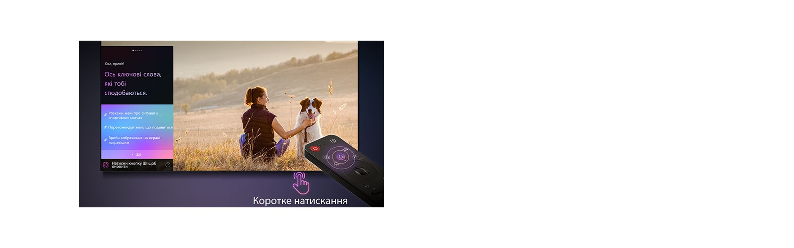 Пульт LG AI Magic Remote перед екраном телевізора LG. На екрані — персоналізоване привітання від штучного інтелекту LG з індивідуальними підказками на основі історії пошуків і переглядів користувача. Поруч із пультом — іконка та напис, що показують: функцію Консьєржа ШІ можна легко активувати одним коротким натисканням кнопки ШІ.