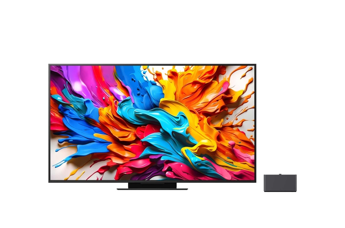 LG Телевізор LG QNED evo AI QNED9M MiniLED | 65 дюймів | 4k Smart TV | 2025, Вид спереду та збоку телевізора LG QNED evo AI QNED9M 4K Smart TV, що показує його розміри: довжина, ширина, висота та глибина., 65QNED9MA6B, thumbnail 3