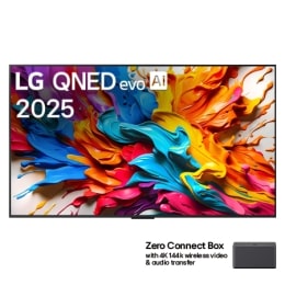 Вид спереду телевізора LG QNED evo AI QNED9M. Логотип LG QNED evo AI у верхньому кутку. Телевізор LG QNED evo зображує барвисті текстури фарб, що поєднуються. У кутку — Zero Connect Box з написом «Zer2