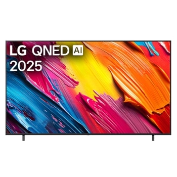 Вигляд спереду телевізора LG QNED70, логотип LG QNED AI у верхньому куті. Телевізор LG QNED зображує барвисті текстури фарб, що поєднуються.