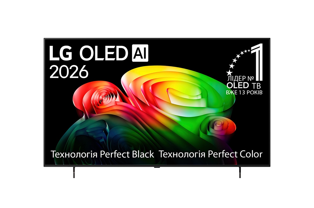 LG Телевізор LG OLED AI B6 | 65 дюймів | 4K Smart TV | 2026, Вигляд спереду LG OLED AI B6, випущеного у 2026 році, відображає зображення багатошарових, різнокольорових форм, включаючи Perfect Black та Perfect Color, а також значок «OLED-телевізор №1 у світі за , OLED65B65LA, thumbnail 2
