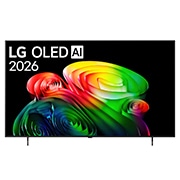 LG Телевізор LG OLED AI B6 | 65 дюймів | 4K Smart TV | 2026, Фронтальний вигляд LG OLED AI B6, випущеного у 2026 році, вирізняється тонкою чорною рамкою з яскравим, скульптурним зображенням багатошарових, різнокольорових форм, що заповнюють екран, а також значк, OLED65B65LA, thumbnail 1
