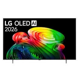 Фронтальний вигляд LG OLED AI B6, випущеного у 2026 році, вирізняється тонкою чорною рамкою з яскравим, скульптурним зображенням багатошарових, різнокольорових форм, що заповнюють екран, а також значк2