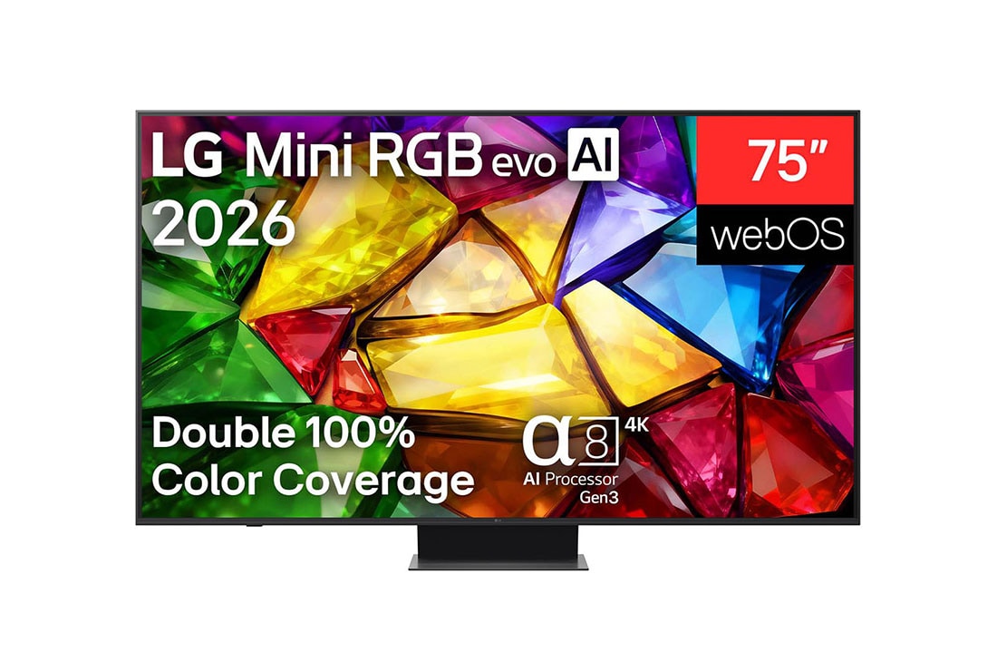 LG Телевізор LG Mini RGB evo AI MRGB87 | 75 дюймів | 4K Smart TV | 2026, Вигляд спереду LG Mini RGB evo AI MRGB87, випущеного у 2026 році, демонструє кристально чисте зображення чітко окреслених різнокольорових граней, включаючи 75-дюймовий дисплей, webOS, RGB Primary Colo, 75MRGB87B6B, thumbnail 2