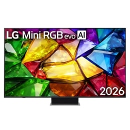 Фронтальна панель LG Mini RGB evo AI MRGB85, випущеного у 2026 році, вирізняється тонкою чорною рамкою з короткими ніжками, а яскраве, кристалічне зображення чітко окреслених різнокольорових граней за