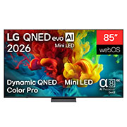 LG Телевізор LG QNED evo AI Mini LED | 85 дюймів | 4K Smart TV | 2026, LG QNED evo AI QNED82 Mini LED, зображений спереду та збоку, має 65-дюймовий дисплей із шириною екрана 1455 мм, висотою екрана 841 мм, висотою з підставкою 904 мм, глибиною профілю 67,9 мм та розмірами підставки 1217 на 269 мм., 85QNED83B6A, thumbnail 1